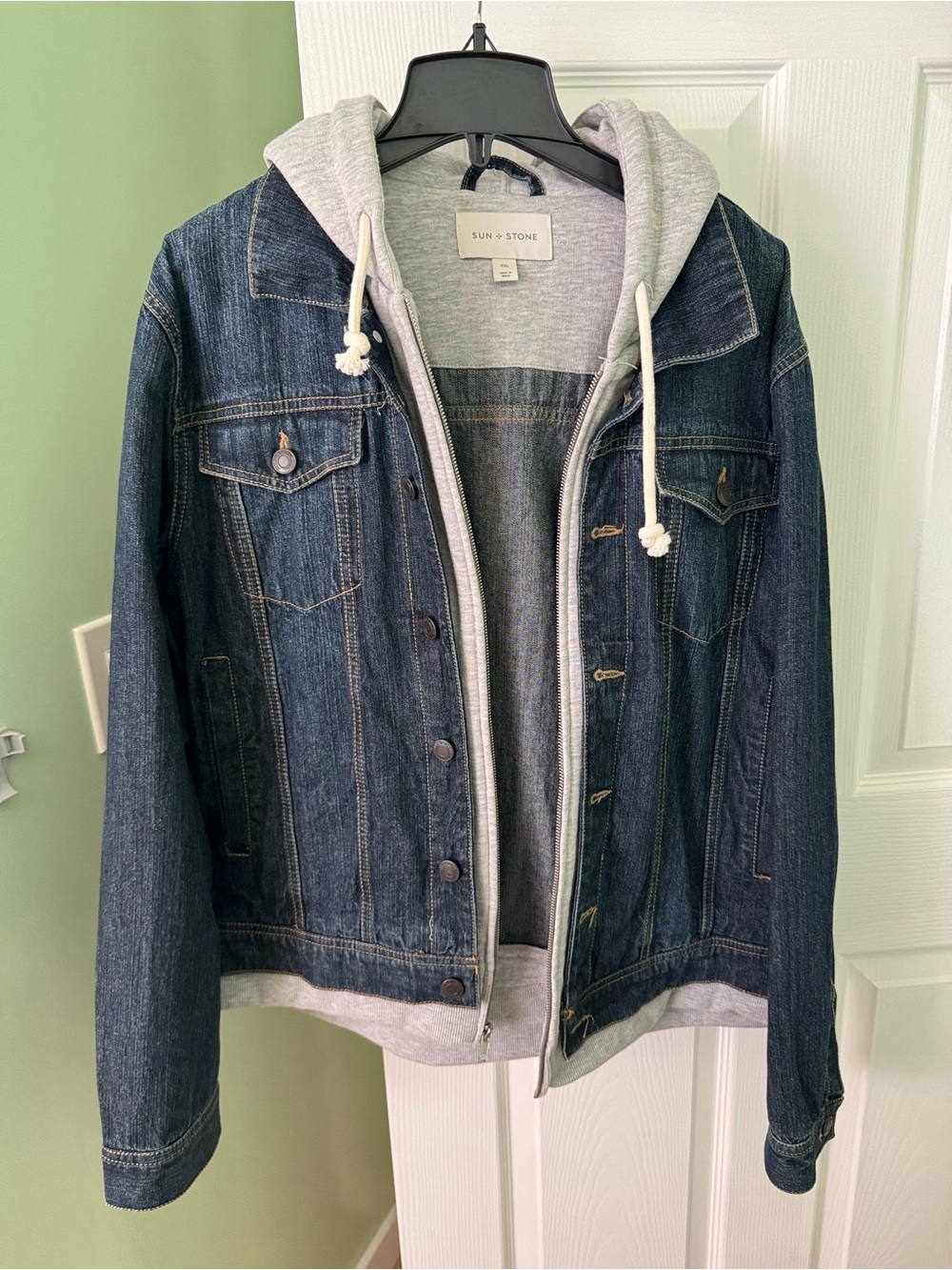 Sun + Stone Dark Blue Denim Jacket with Gray Hooded Liner